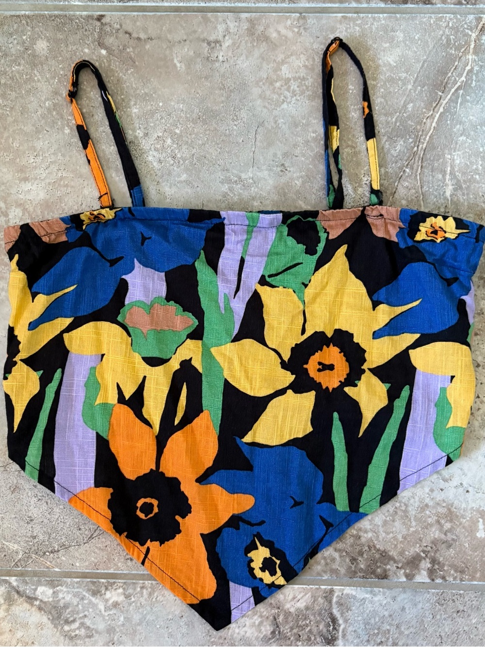 Roxy Black Floral Multicolor Handkerchief Crop Top Boho Beach XS Removable Strap